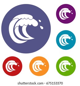 Wave of sea tide icons set in flat circle reb, blue and green color for web