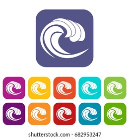 Wave of sea tide icons set vector illustration in flat style in colors red, blue, green, and other