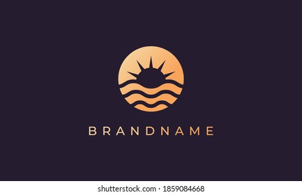 wave of sea water and sun in the form of abstract circle in gold are suitable for logo and icon