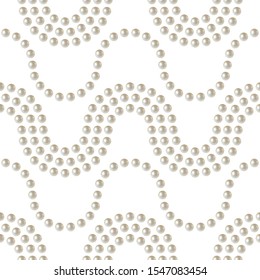 Wave seamless pattern of 3D shiny natural white pearl. Wavy print of jewel. Wedding theme. Vector Illustration. 