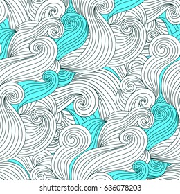 Wave seamless pattern background with abstract ornaments, hand drawn illustration, can be used for printing on paper, fabric or wrapping