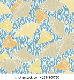 Wave seamless pattern with gingko leaf vector. Japanese background.