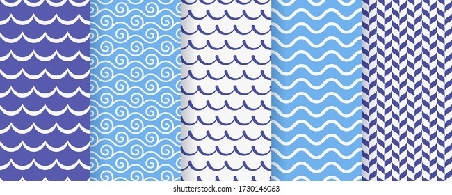 Wave seamless pattern. Vector. Blue wavy background. Set textures with stripes, tides and rollers. Simple illustration. Sea geometric prints. Marine, nautical design.