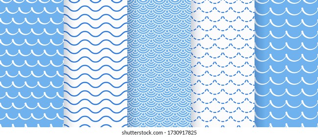 Wave seamless pattern. Vector. Blue wavy background. Set marine textures. Simple illustration. Sea geometric prints with stripes, tides and rollers. Nautical design.