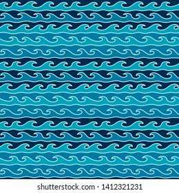 Wave seamless pattern. Vector geometric wavy shapes backdrop. Abstract hand drawn deep blue waves wallpaper.
