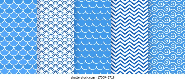 Wave seamless pattern. Vector. Sea wavy background. Set marine textures. Blue geometric prints. Simple illustration. Nautical design.