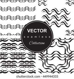 Wave seamless vector pattern set. Hand drawn monochrome modern background collection.