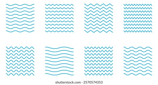 Wave set in abstract style on white background. Decoration element. Geometric design. Vector illustration ocean. Vector line design. Vector sound wave. Vector graphic set.