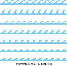 Wart. Set von Wellensymbolen auf Blau einzeln auf weißem Hintergrund. Vektorgrafik, Cartoon-Illustration einer blauen Welle. Vektorgrafik.