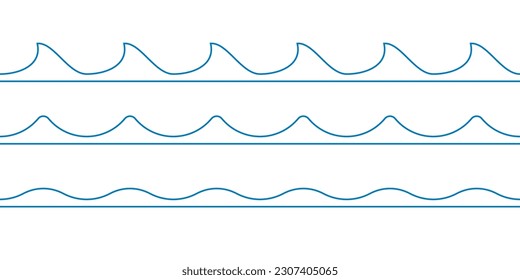Wave set. Seamless water waves pattern with abstract line shapes. Sea, ocean, river symbol. Vector illustration.