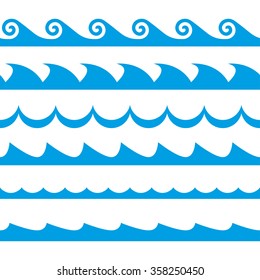 Wave set. Waves seamless pattern. Sea and ocean waves isolated on white background. Vector illustration.