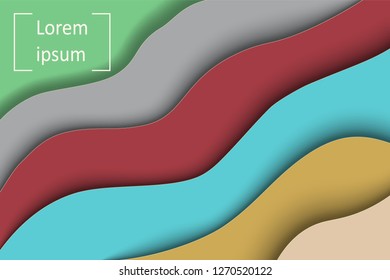 Wave and shadow loops are carved out of green, gray, burgundy, turquoise and yellow in color with a place for the inscription. Vector illustration.