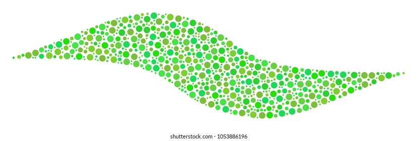 Wave Shape collage of round dots in variable sizes and ecological green shades. Dots are combined into wave shape vector composition. Organic vector design concept.