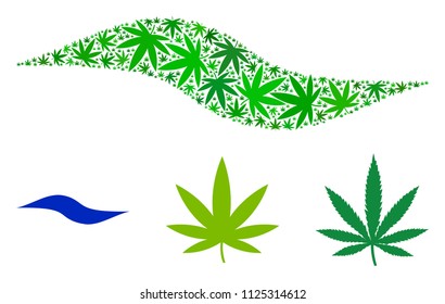 Wave shape composition of weed leaves in different sizes and green variations. Vector flat weed leaves are grouped into wave shape illustration. Narcotic vector illustration.