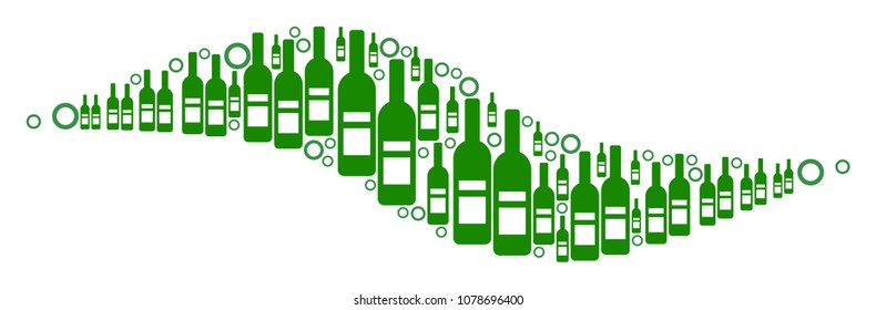 Wave Shape composition of wine bottles and circles in variable sizes and green colors. Vector objects are organized into wave shape composition. Alcoholic design concept.