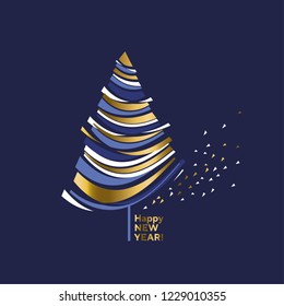 Wave shape gold and blue decorative abstract Christmas tree. Design element for xmas card, invitation, poster.