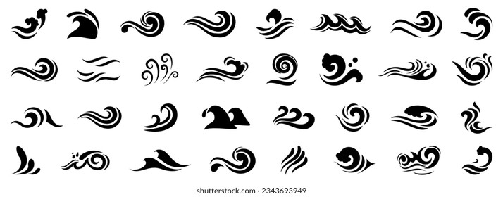 Wave shapes collection. Set of sea wave logo in black. Water wave icons collection