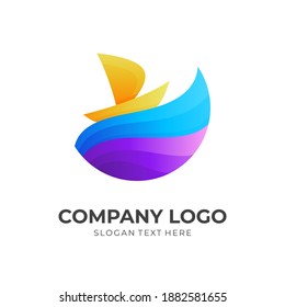 Wellenschiff-Logo, Welle und Schiff, kombiniertes Logo mit 3D-farbigem Stil