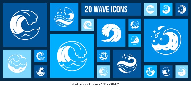 Wave silhouette icons set. Isolated web sign kit of sea. Splash monochrome pictogram collection includes clean water, ocean beach, surf sport. Simple white contour symbol. Wave vector Icon shape