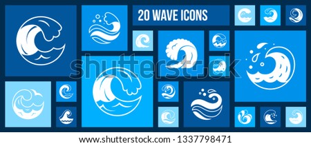 Wave silhouette icons set. Isolated web sign kit of sea. Splash monochrome pictogram collection includes clean water, ocean beach, surf sport. Simple white contour symbol. Wave vector Icon shape