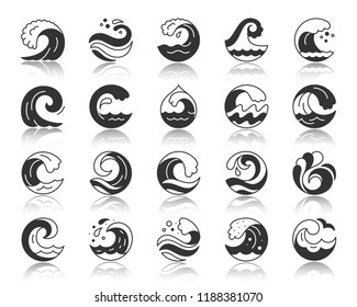 Wave silhouette icons set. Monochrome web sign kit of sea. Splash pictogram collection includes seaside ornate, cool wind, surface ripple. Simple vector black symbol. Wave shape icon with reflection