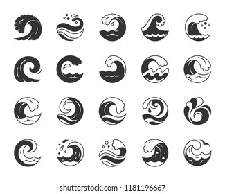 Wave silhouette icons set. Sign kit of sea. Splash pictogram collection includes spiral curl, aqua decoration, tourist diving. Simple wave black symbol isolated on white. Vector Icon shape for stamp