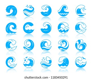 Wave silhouette icons set. Sign kit of sea. Splash monochrome pictogram collection environment, coastal surge, source river. Simple wave contour symbol reflection. Vector Icon shape isolated on white