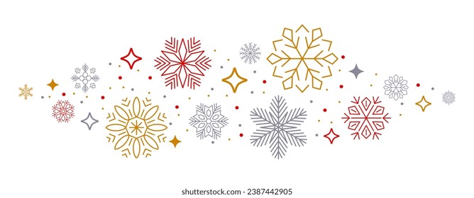 Wave snowflakes background isolated, group snowflakes with stars banner, colored Christmas border - stock vector