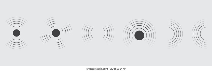 Sonar ondulado. Radar con señal. Icono de pulso. Círculo de sonido concéntrico. Alta frecuencia sónica con vibración en el aire. Ruido y energía del altavoz. Símbolo de radio, protección militar y escaneo. Vector.