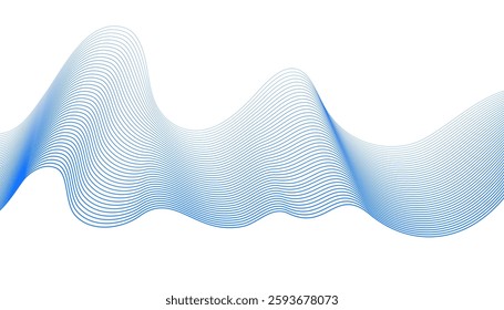 Undulate Blue Wave Swirl, frequency sound wave, twisted curve lines with blend effect. Technology, data science, geometric border. Isolated on white background. Vector illustration.