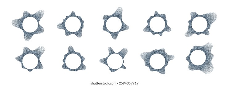 Wave Sound Equalizer Circular Icons Set. Round Grainy Music Waves Dots Shapes. Abstract Audio Radial Spectrum Noisy Effect Logo Design Patterns. Vector Concentric Soundwave Burst Blob Illustrations