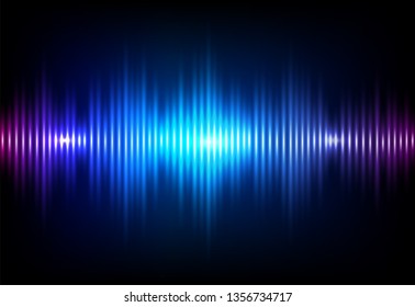 Wave Sound Neon Vector Background. Music Flow Soundwave Design, Light Bright Blue Elements Isolated On Dark Backdrop. Radio Beat Frequency Consist Of Lines.