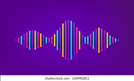 Wave sound vector background. Music flow soundwave design, color elements isolated on purple backdrop. Radio beat frequency consist of lines.