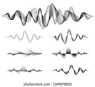 Wave sound vector set. Music soundwave design, black isolated on white background. Radio frequency lines and dots.