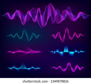 Wave sound vector set. Music soundwave design, color elements isolated on dark background. Radio frequency lines and dots.