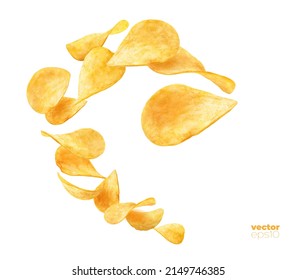 Wave splash of wavy potato chips, isolated flying snacks. 3d vector crispy falling fastfood pieces swirl, realistic crunchy snack in motion. Delicious fast food advertising, crisp meal promo