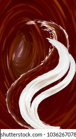 Wave and splashes of coffee and cream, abstractly drawn drink of cappuccino, cocoa in vector, brown chocolate background