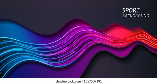 Wave for sport background or abstract music banner. Modern dynamic line motion for geometric layout. Stream of sound or speed amplitude. Colorful wallpaper. Neon line and motion, banner and advertise