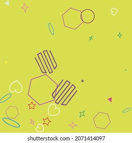Diseño Geométrico Violeta Multicolor De Oval De Lime Cuadrado De Onda. Zigzag Morado Círculo Rosa Polígono Sencillo Fondo Azul. Las Estrellas Verdes Amarillas Corazones Brillantes Naranjas Andan Simple Hipster Art.