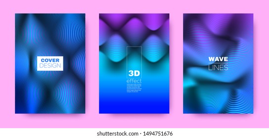 Wave Stripe Poster. Purple Abstract Covers Set. Dynamic Background. 3d Distorted Vibrant Gradient. Cyan Flow Lines Poster. Vector Covers Set. Dynamic Brochure. Lines Poster.