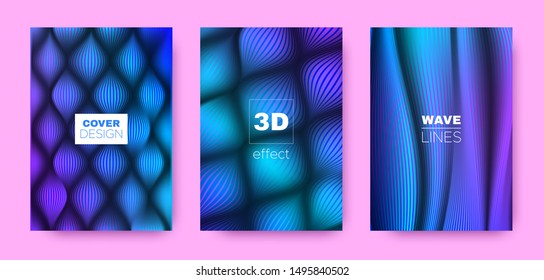 Wave Stripe Poster. Violet Vector Covers Set. Movement Background. 3d Geometric Halftone Texture. Blue Fluid Stripe Poster. Abstract Covers Set. Dynamic Background. Lines Poster.