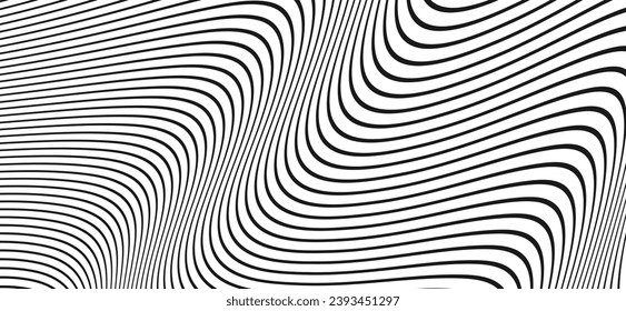 Wave striped pattern. Black and white background with curved lines. Abstract digital illustration