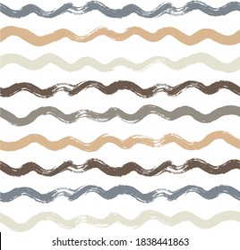 Wave stripes pattern, grunge sea stripe seamless background, brown and grey hand drawn brush strokes. vector grungy stripes, paintbrush line backdrop