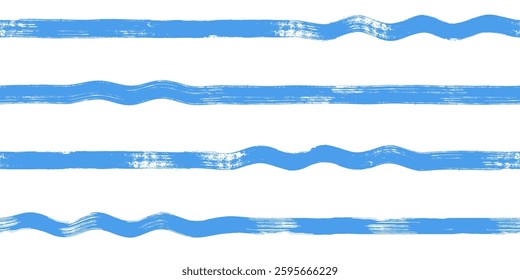 Wave stripes seamless pattern. Hand drawn wavy beach vector print, grunge paint lines with waves, blue watercolor background
