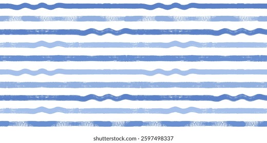 Wave stripes seamless pattern. Hand drawn wavy beach vector print, grunge paint lines with waves, blue watercolor background