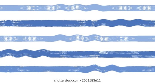 Wave stripes seamless pattern. Hand drawn wavy beach vector print, grunge paint lines with waves, blue watercolor background
