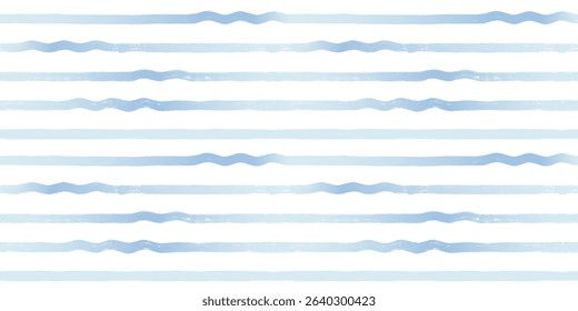 Wave stripes seamless pattern. Hand drawn wavy water lines vector print, textured paint lines with waves, blue watercolor background