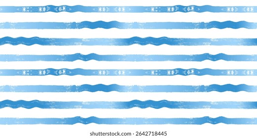 Wave stripes seamless pattern. Hand drawn wavy water lines, ocean vector print, textured paint lines with waves, blue watercolor background