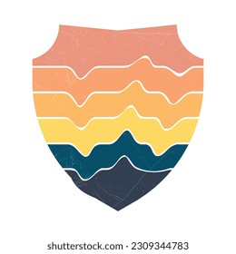 Wave Style Retro Sun Set Badge, Vintage Colorful Striped For Badge Design, T shirt Design, Summer Vintage Design, Logo Design, Vintage Color Palette With Grunge Texture