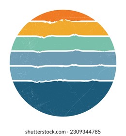 Wave Style Retro Sun Set Badge, Vintage Colorful Striped For Badge Design, T shirt Design, Summer Vintage Design, Logo Design, Vintage Color Palette With Grunge Texture